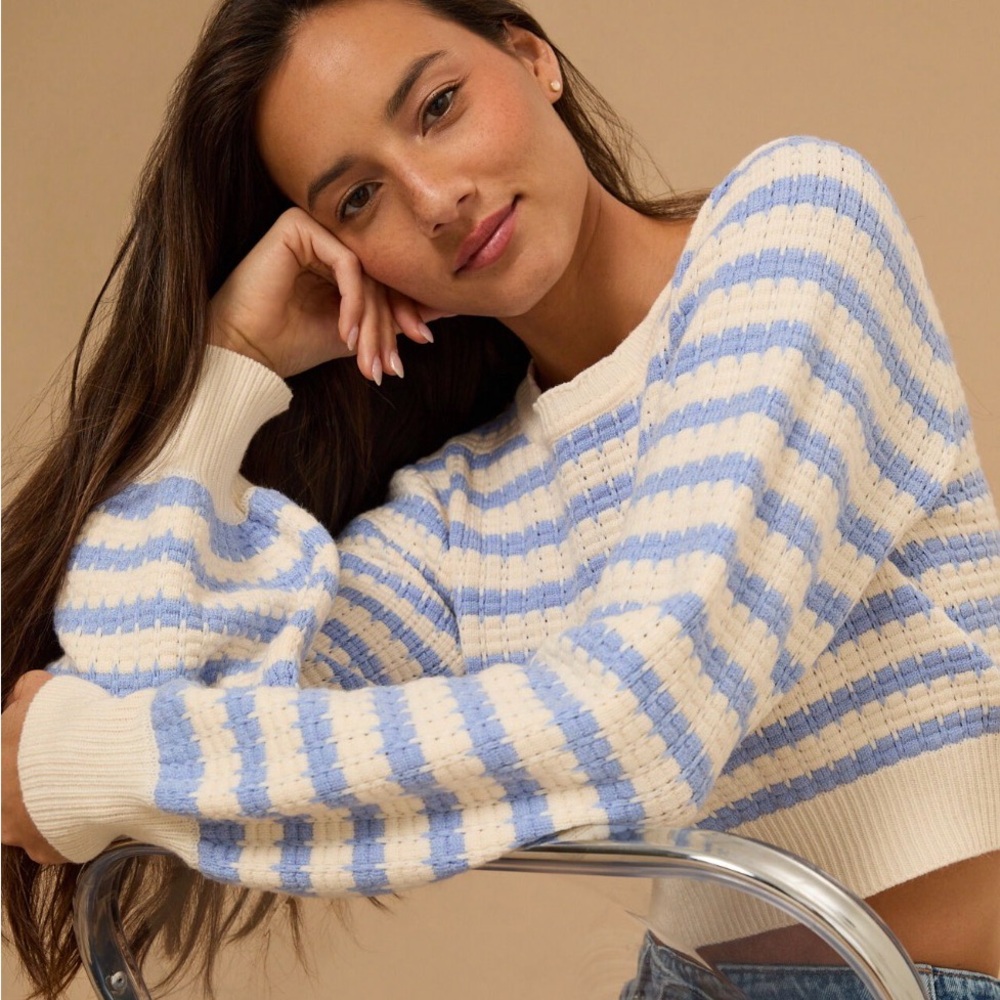 Altar'd State Blue & Cream Striped Crewneck Cropped Sweater